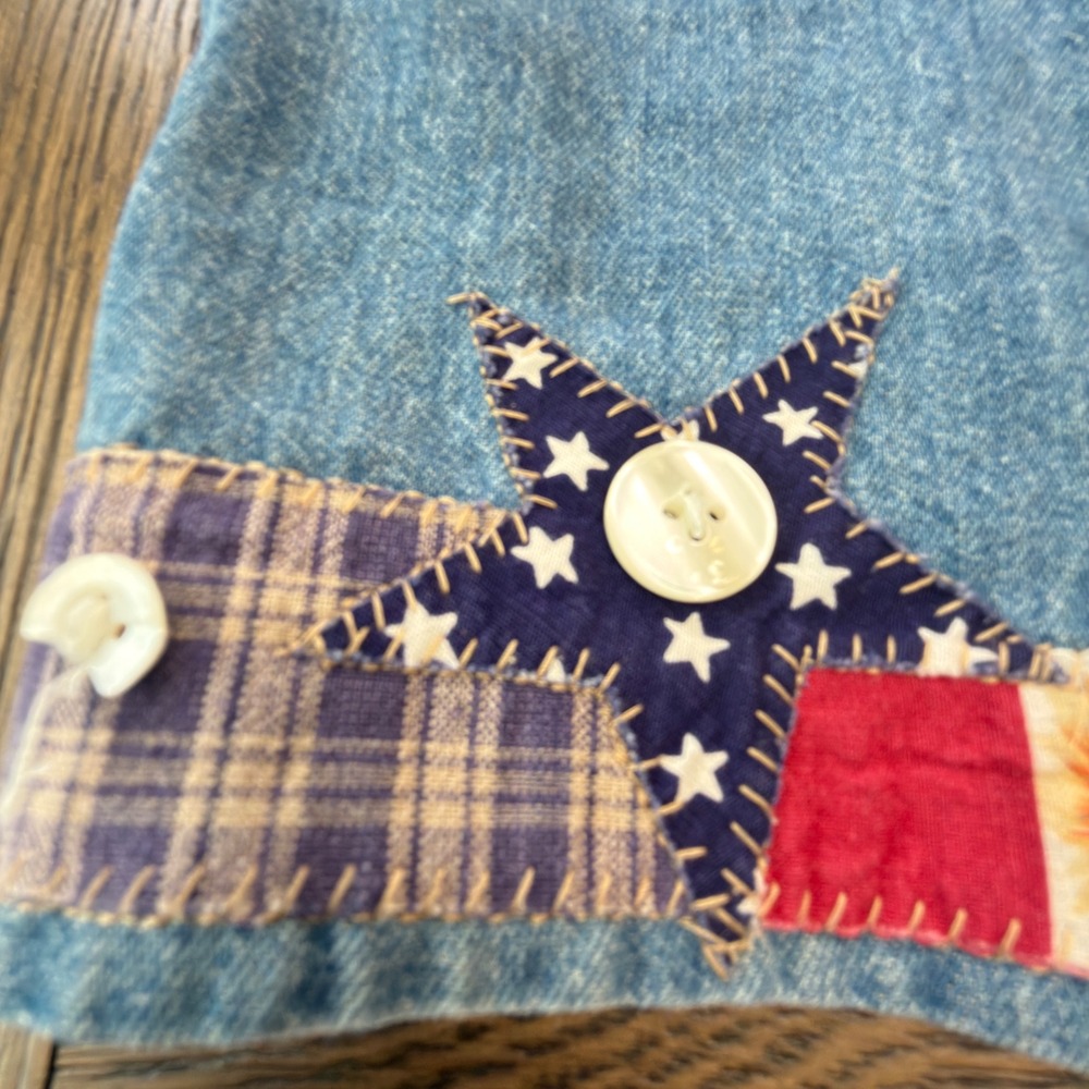 Vintage Patchwork Denim Midi Skirt Button Front Americana Folk Art Made in USA - Picture 5 of 16